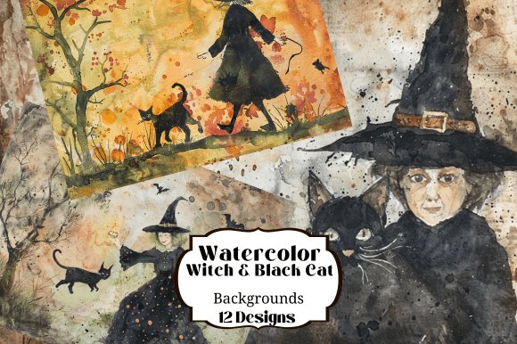 Download Watercolor Witch Black Cat Illustrations - Black Collection