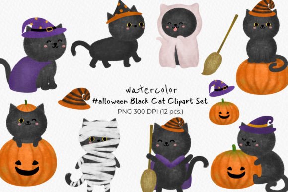 Download Cute Watercolor Halloween Black Cat Set - Black Collection