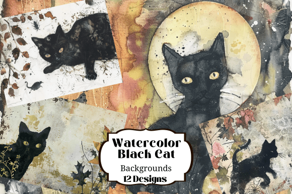 Download 12 Watercolor Black Cat Illustrations - Black Collection